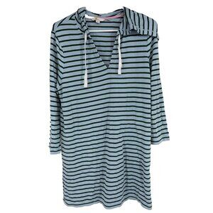 Boden Women 10 Imelda Hooded Tunic Dress Blue Green Striped V Neck Beach Coverup